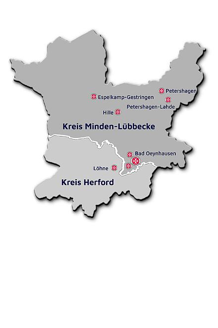 Karte von den Kreisen Minden-Lübbecke und Herford mit den Einrichtungen des Johanniter-Regionalverbandes Minden-Ravensberg