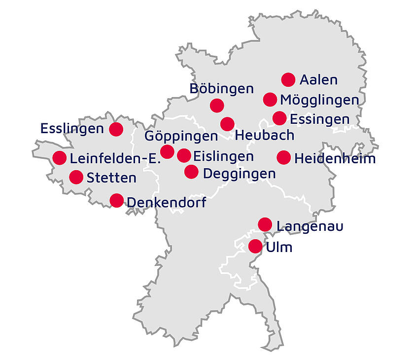 Übersichtskarte mit den Standorten des Regionalverbandes Ostwürttemberg