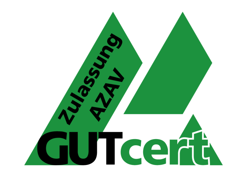 Logo mit grünen Dreiecken und dem Text "Zulassung AZAV" sowie "gutcert".