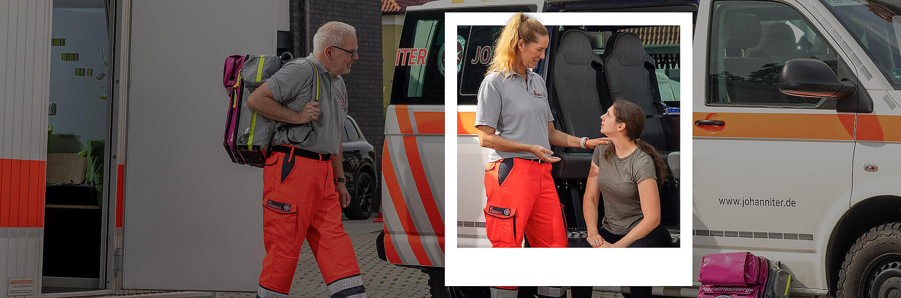 Ehrenamtlich Tätige bei den Johannitern im Bereich PSNV sprechen mit einer Frau, die vor einem Rettungswagen sitzt.