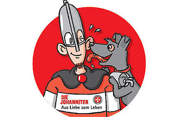 Das Johanniter-Maskotchen Jannes, gezeichnet von Illustrator Berno Hellmann.