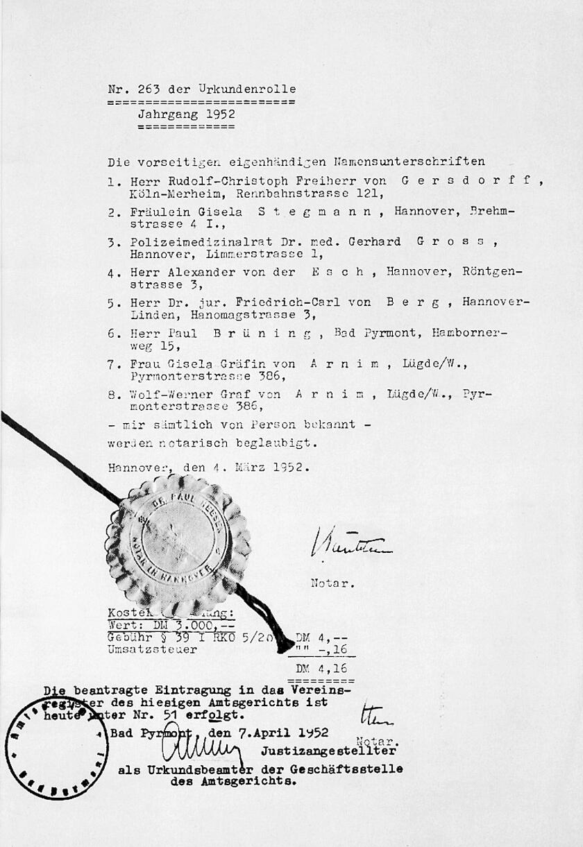 Gründungsurkunde der Johanniter-Unfall-Hilfe aus dem Jahr 1952.
